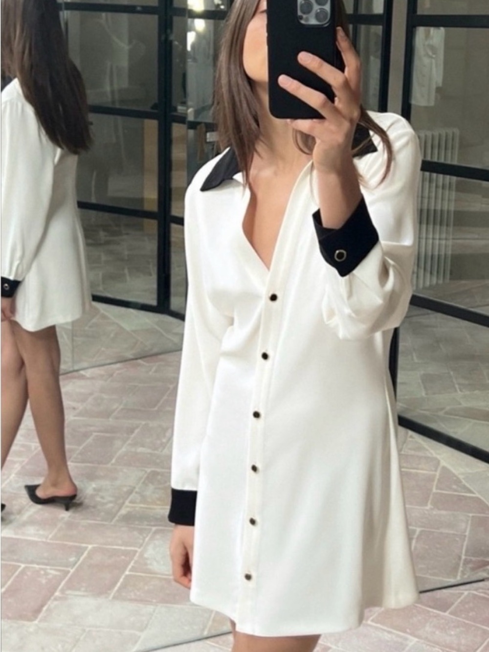 Zara White Mini Shirt Dress with Black Collar & Cuffs